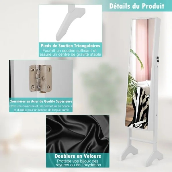 Armoire à Bijoux sur Pieds 3 en 1 - Miroir HD avec Clés Rangement pour Cosmétiques et Bijoux Style Industriel Blanc