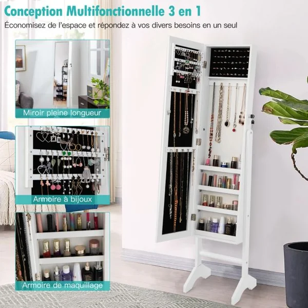 Armoire à Bijoux sur Pieds 3 en 1 - Miroir HD avec Clés Rangement pour Cosmétiques et Bijoux Style Industriel Blanc
