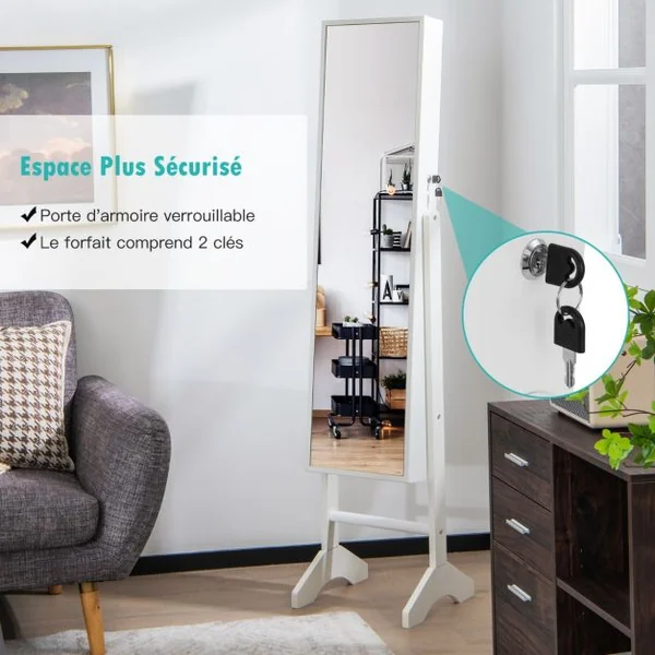 Armoire à Bijoux sur Pieds 3 en 1 - Miroir HD avec Clés Rangement pour Cosmétiques et Bijoux Style Industriel Blanc