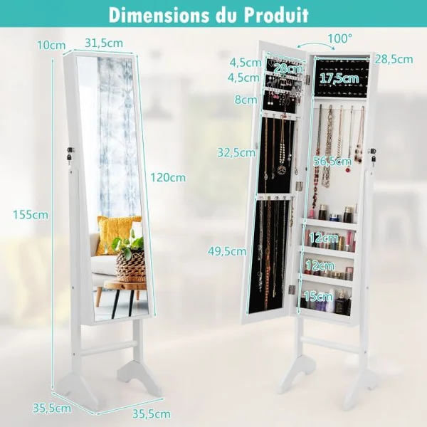Armoire à Bijoux sur Pieds 3 en 1 - Miroir HD avec Clés Rangement pour Cosmétiques et Bijoux Style Industriel Blanc