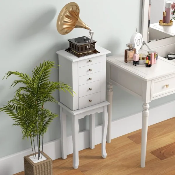 Armoire à Bijoux sur Pieds avec Miroir Rabattable Boîte à Bijoux en Bois avec 4 Tiroirs 8 Crochets et 2 Portes Latérales Blanc