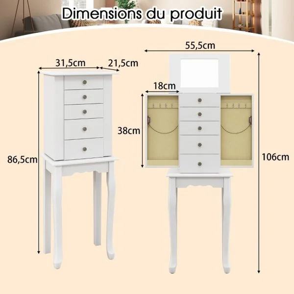 Armoire à Bijoux sur Pieds avec Miroir Rabattable Boîte à Bijoux en Bois avec 4 Tiroirs 8 Crochets et 2 Portes Latérales Blanc
