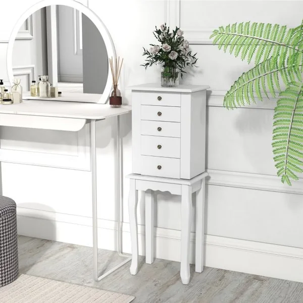 Armoire à Bijoux sur Pieds avec Miroir Rabattable Boîte à Bijoux en Bois avec 4 Tiroirs 8 Crochets et 2 Portes Latérales Blanc