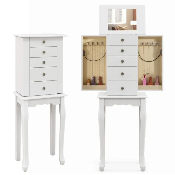 Armoire à Bijoux sur Pieds avec Miroir Rabattable Boîte à Bijoux en Bois avec 4 Tiroirs 8 Crochets et 2 Portes Latérales Blanc