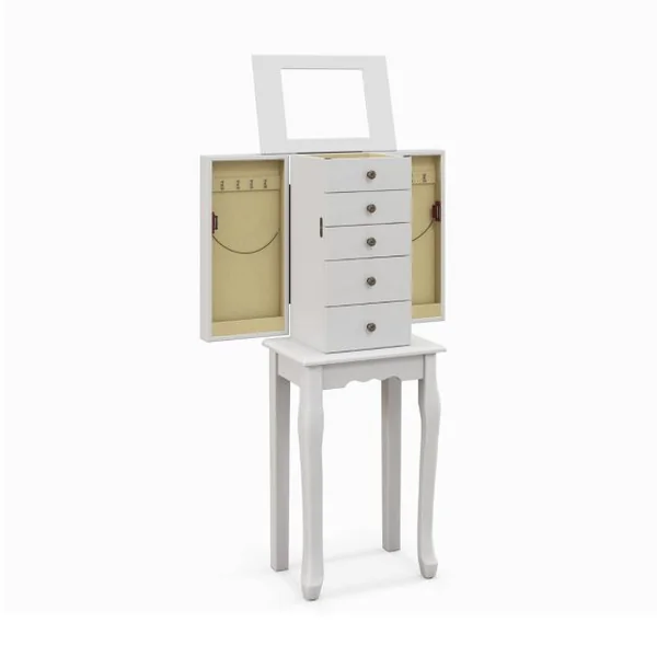 Armoire à Bijoux sur Pieds avec Miroir Rabattable Boîte à Bijoux en Bois avec 4 Tiroirs 8 Crochets et 2 Portes Latérales Blanc