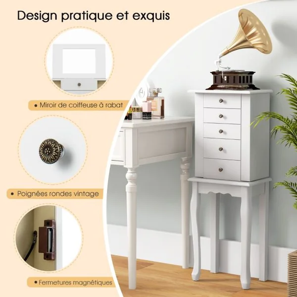 Armoire à Bijoux sur Pieds avec Miroir Rabattable Boîte à Bijoux en Bois avec 4 Tiroirs 8 Crochets et 2 Portes Latérales Blanc