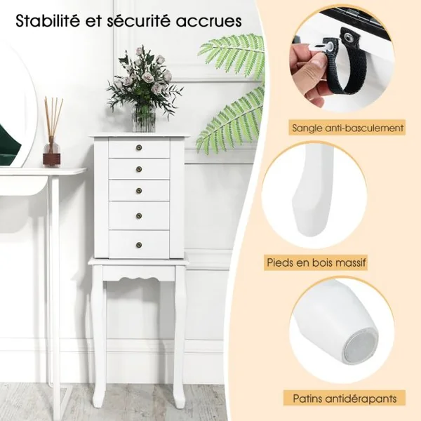 Armoire à Bijoux sur Pieds avec Miroir Rabattable Boîte à Bijoux en Bois avec 4 Tiroirs 8 Crochets et 2 Portes Latérales Blanc