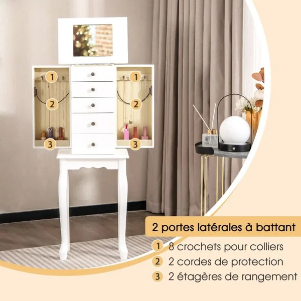 Armoire à Bijoux sur Pieds avec Miroir Rabattable Boîte à Bijoux en Bois avec 4 Tiroirs 8 Crochets et 2 Portes Latérales Blanc