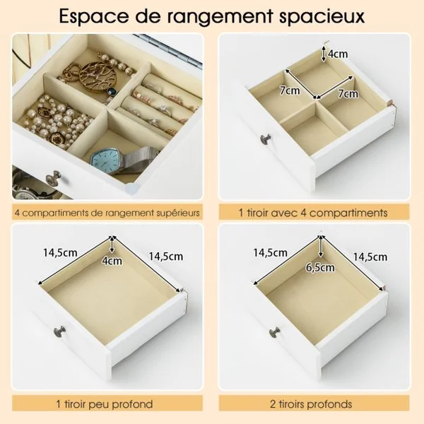 Armoire à Bijoux sur Pieds avec Miroir Rabattable Boîte à Bijoux en Bois avec 4 Tiroirs 8 Crochets et 2 Portes Latérales Blanc