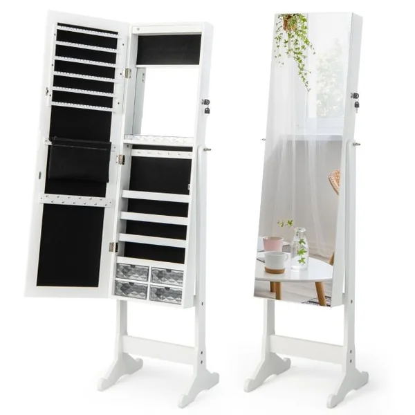 Armoire à Bijoux sur Pieds Miroir Pleine Longueur Armoire à Bijoux Verrouillable avec Grand Espace de Rangement 41 x 36 x 158 cm Blanc