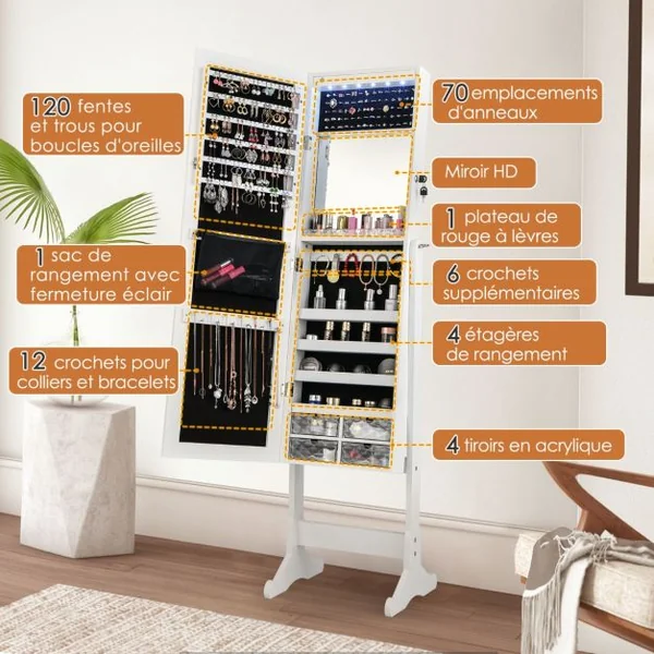 Armoire à Bijoux sur Pieds Miroir Pleine Longueur Armoire à Bijoux Verrouillable avec Grand Espace de Rangement 41 x 36 x 158 cm Blanc