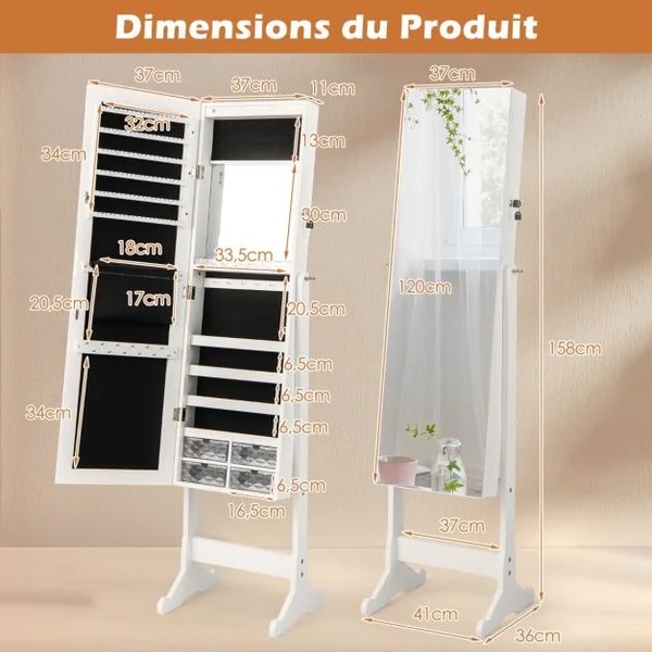 Armoire à Bijoux sur Pieds Miroir Pleine Longueur Armoire à Bijoux Verrouillable avec Grand Espace de Rangement 41 x 36 x 158 cm Blanc