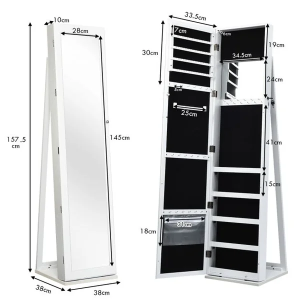 Armoire à Bijoux sur Pieds Miroir Pleine Longueur et Miroir de Maquillage Intégré 38 x 38 x 157,5 cm Café/Blanc/Marron/Noir