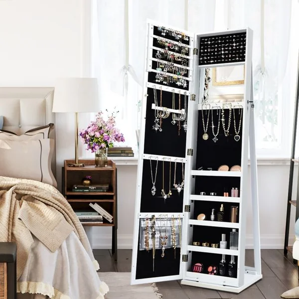 Armoire à Bijoux sur Pieds Miroir Pleine Longueur et Miroir de Maquillage Intégré 38 x 38 x 157,5 cm Café/Blanc/Marron/Noir