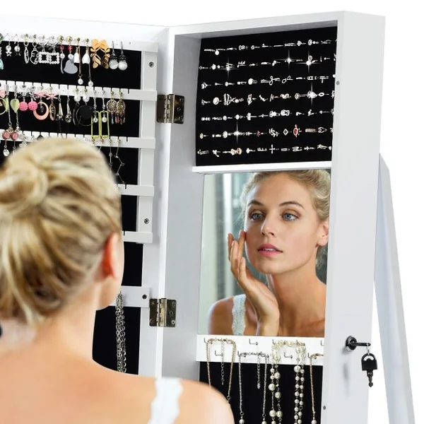 Armoire à Bijoux sur Pieds Miroir Pleine Longueur et Miroir de Maquillage Intégré 38 x 38 x 157,5 cm Café/Blanc/Marron/Noir