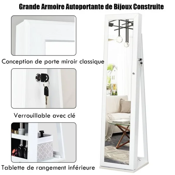 Armoire à Bijoux sur Pieds Miroir Pleine Longueur et Miroir de Maquillage Intégré 38 x 38 x 157,5 cm Café/Blanc/Marron/Noir