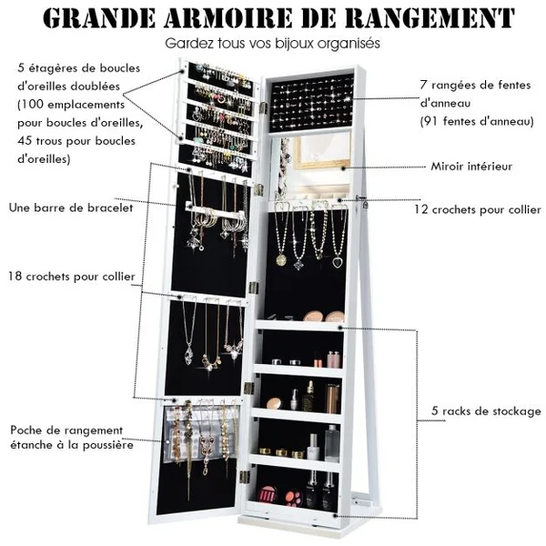 Armoire à Bijoux sur Pieds Miroir Pleine Longueur et Miroir de Maquillage Intégré 38 x 38 x 157,5 cm Café/Blanc/Marron/Noir