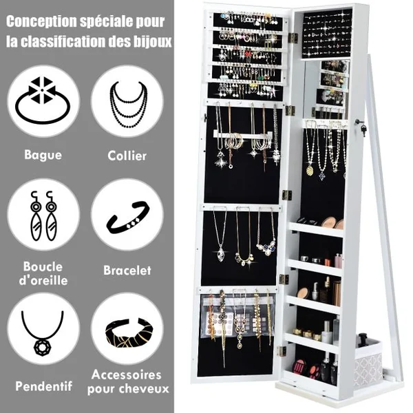 Armoire à Bijoux sur Pieds Miroir Pleine Longueur et Miroir de Maquillage Intégré 38 x 38 x 157,5 cm Café/Blanc/Marron/Noir