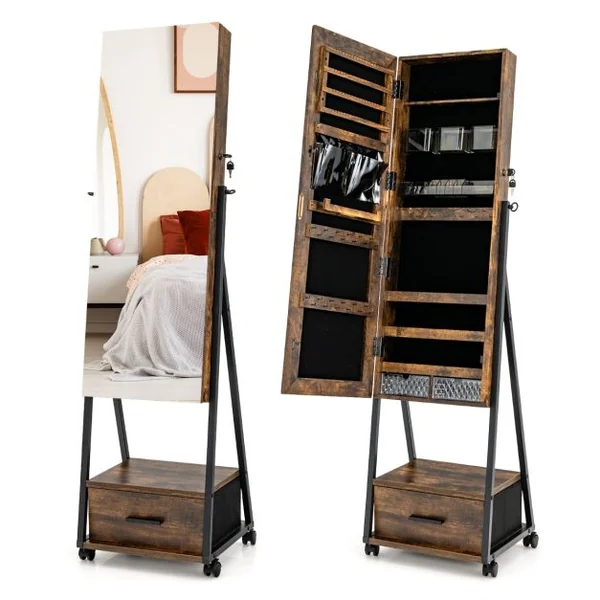 Armoire à Bijoux à Roulettes avec Miroir et Tiroir 9 Compartiments Porte Verrouillable Blanc 42 x 38 x 157 CM Blanc/Marron/Noir