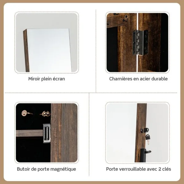 Armoire à Bijoux à Roulettes avec Miroir et Tiroir 9 Compartiments Porte Verrouillable Blanc 42 x 38 x 157 CM Blanc/Marron/Noir