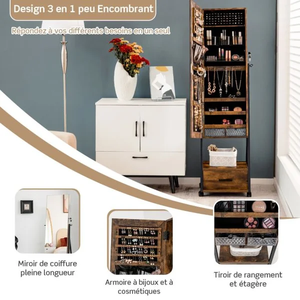 Armoire à Bijoux à Roulettes avec Miroir et Tiroir 9 Compartiments Porte Verrouillable Blanc 42 x 38 x 157 CM Blanc/Marron/Noir