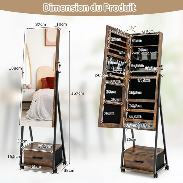 Armoire à Bijoux à Roulettes avec Miroir et Tiroir 9 Compartiments Porte Verrouillable Blanc 42 x 38 x 157 CM Blanc/Marron/Noir
