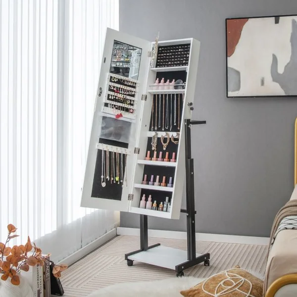 Armoire à Bijoux à Roulettes Miroir Pleine Longueur Lumières LED Hauteur Angle Réglables Interrupteur Tactile Blanc/Café