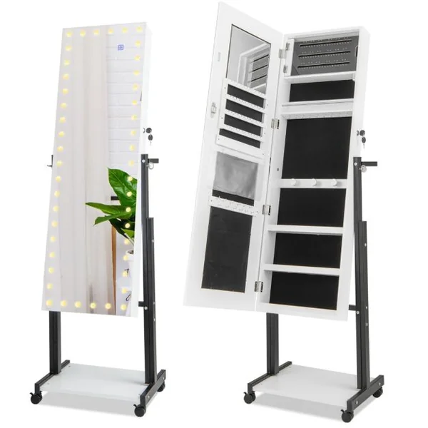 Armoire à Bijoux à Roulettes Miroir Pleine Longueur Lumières LED Hauteur Angle Réglables Interrupteur Tactile Blanc/Café