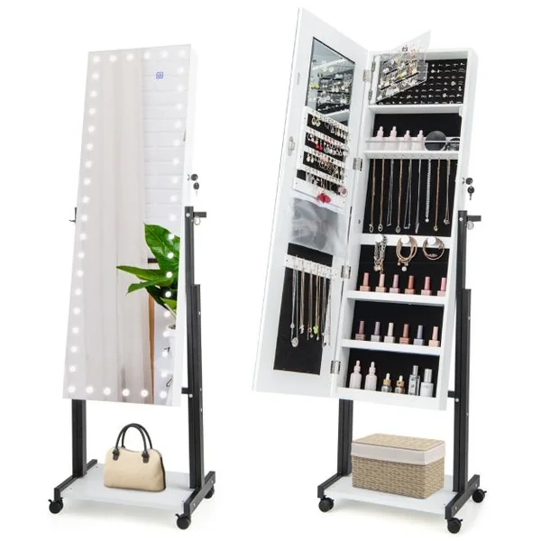Armoire à Bijoux à Roulettes Miroir Pleine Longueur Lumières LED Hauteur Angle Réglables Interrupteur Tactile Blanc/Café