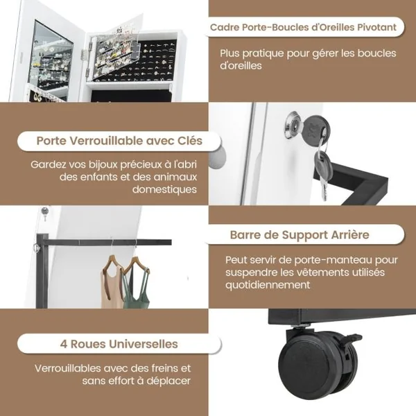 Armoire à Bijoux à Roulettes Miroir Pleine Longueur Lumières LED Hauteur Angle Réglables Interrupteur Tactile Blanc/Café