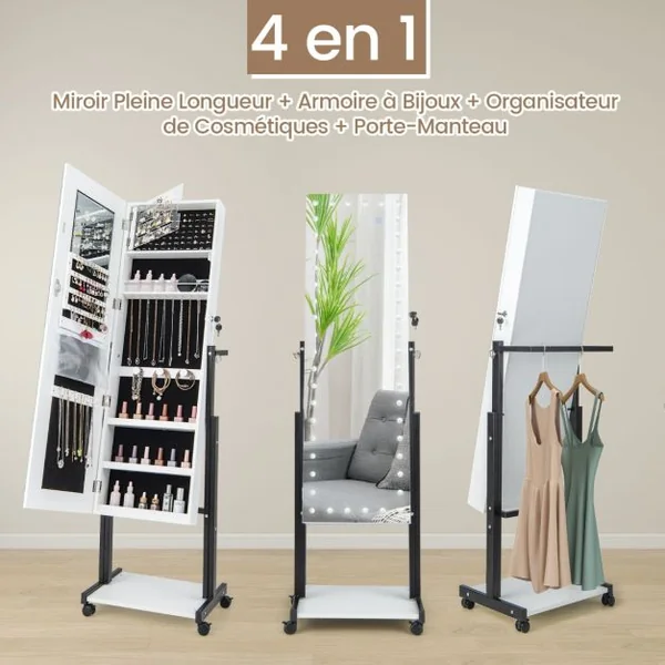 Armoire à Bijoux à Roulettes Miroir Pleine Longueur Lumières LED Hauteur Angle Réglables Interrupteur Tactile Blanc/Café
