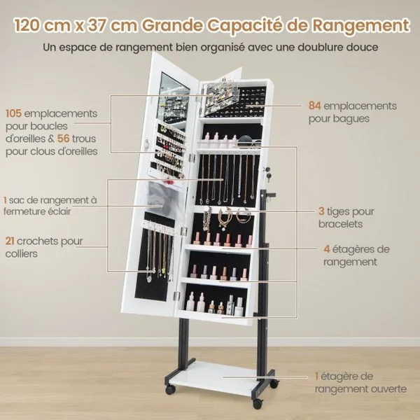Armoire à Bijoux à Roulettes Miroir Pleine Longueur Lumières LED Hauteur Angle Réglables Interrupteur Tactile Blanc/Café