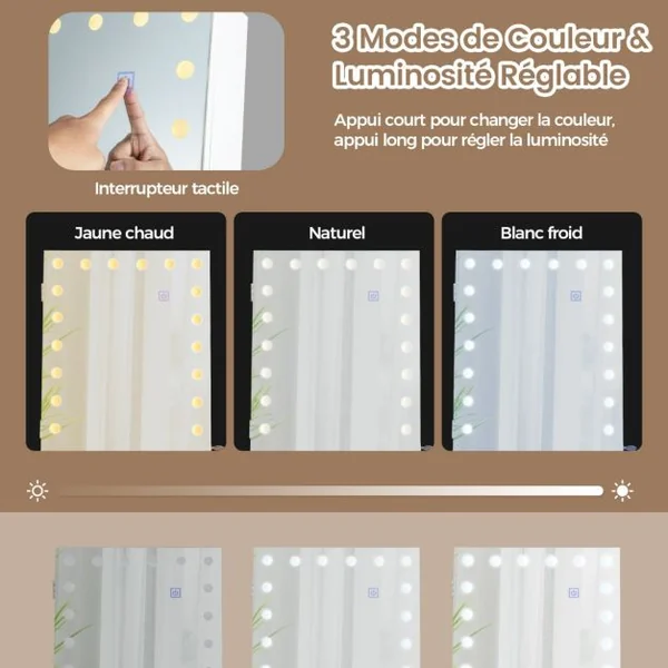 Armoire à Bijoux à Roulettes Miroir Pleine Longueur Lumières LED Hauteur Angle Réglables Interrupteur Tactile Blanc/Café
