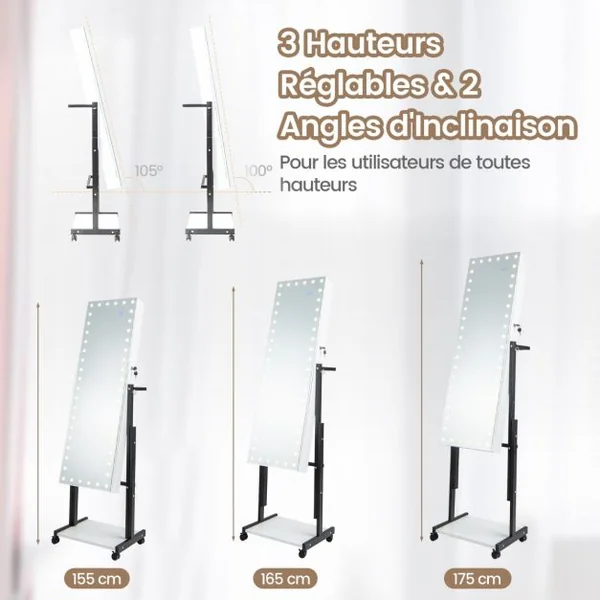 Armoire à Bijoux à Roulettes Miroir Pleine Longueur Lumières LED Hauteur Angle Réglables Interrupteur Tactile Blanc/Café