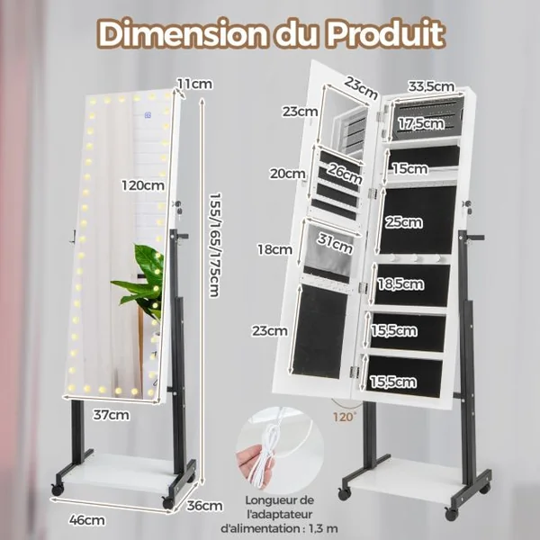 Armoire à Bijoux à Roulettes Miroir Pleine Longueur Lumières LED Hauteur Angle Réglables Interrupteur Tactile Blanc/Café