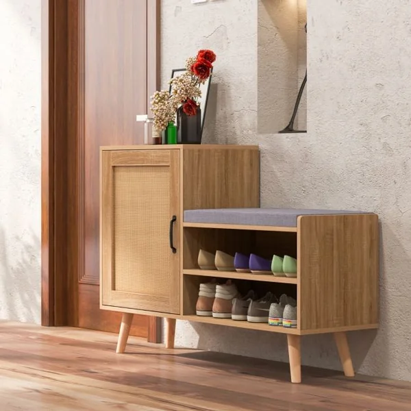 Armoire à Chaussures en Rotin avec Banc Banc pour Chaussures 2 en 1 3 Etagères Réglables Pieds en Bois de Pin Massif Naturel
