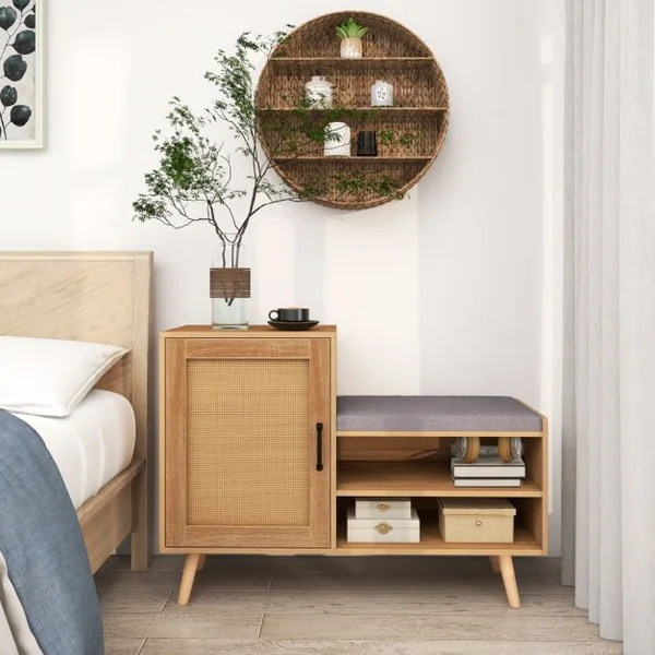 Armoire à Chaussures en Rotin avec Banc Banc pour Chaussures 2 en 1 3 Etagères Réglables Pieds en Bois de Pin Massif Naturel