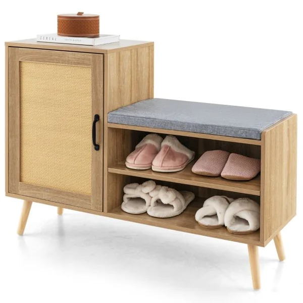 Armoire à Chaussures en Rotin avec Banc Banc pour Chaussures 2 en 1 3 Etagères Réglables Pieds en Bois de Pin Massif Naturel