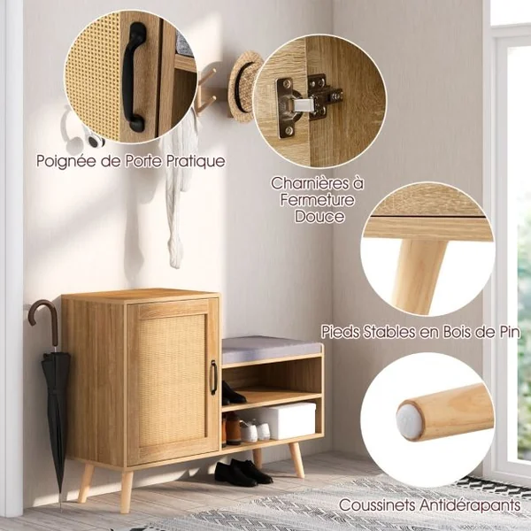 Armoire à Chaussures en Rotin avec Banc Banc pour Chaussures 2 en 1 3 Etagères Réglables Pieds en Bois de Pin Massif Naturel