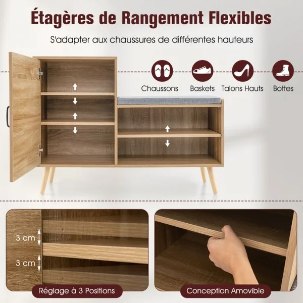 Armoire à Chaussures en Rotin avec Banc Banc pour Chaussures 2 en 1 3 Etagères Réglables Pieds en Bois de Pin Massif Naturel