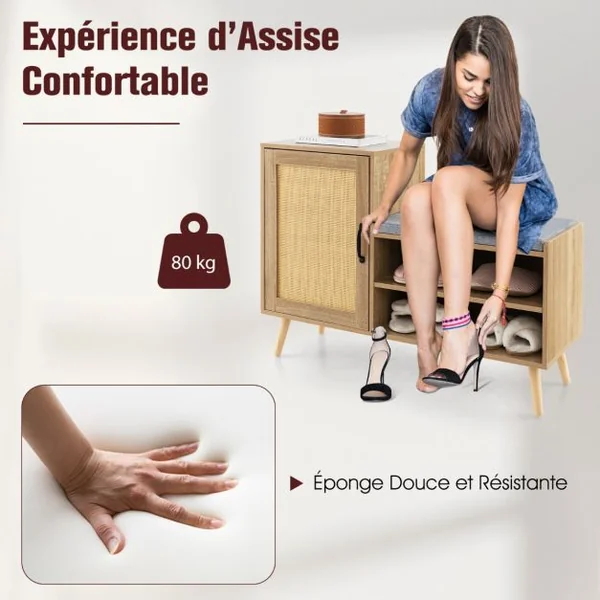 Armoire à Chaussures en Rotin avec Banc Banc pour Chaussures 2 en 1 3 Etagères Réglables Pieds en Bois de Pin Massif Naturel
