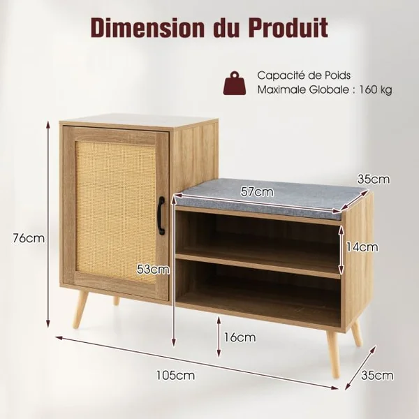 Armoire à Chaussures en Rotin avec Banc Banc pour Chaussures 2 en 1 3 Etagères Réglables Pieds en Bois de Pin Massif Naturel