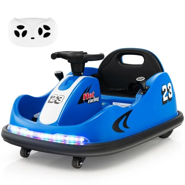 Auto Tamponneuse Électrique 360°/6V pour Enfants Télécommande 2.4G Double Joystick Lumières LED pour 1,5-6 Ans Bleu