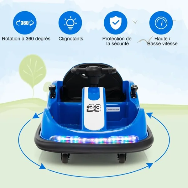 Auto Tamponneuse Électrique 360°/6V pour Enfants Télécommande 2.4G Double Joystick Lumières LED pour 1,5-6 Ans Bleu