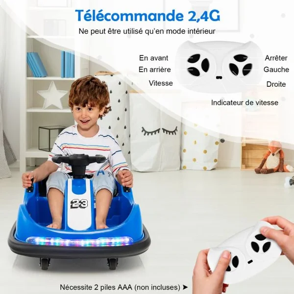 Auto Tamponneuse Électrique 360°/6V pour Enfants Télécommande 2.4G Double Joystick Lumières LED pour 1,5-6 Ans Bleu