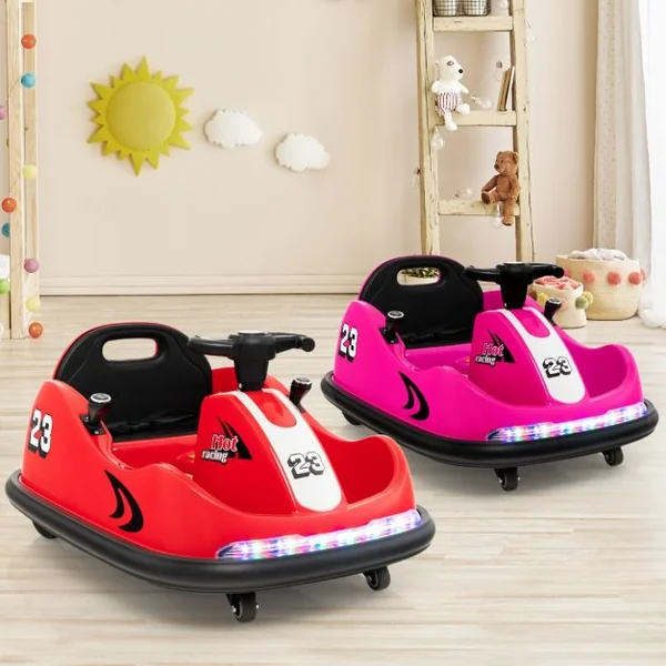 Auto Tamponneuse Électrique 360°/6V pour Enfants Télécommande 2.4G Double Joystick Lumières LED pour 1,5-6 Ans Rose