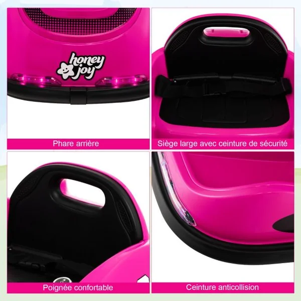 Auto Tamponneuse Électrique 360°/6V pour Enfants Télécommande 2.4G Double Joystick Lumières LED pour 1,5-6 Ans Rose