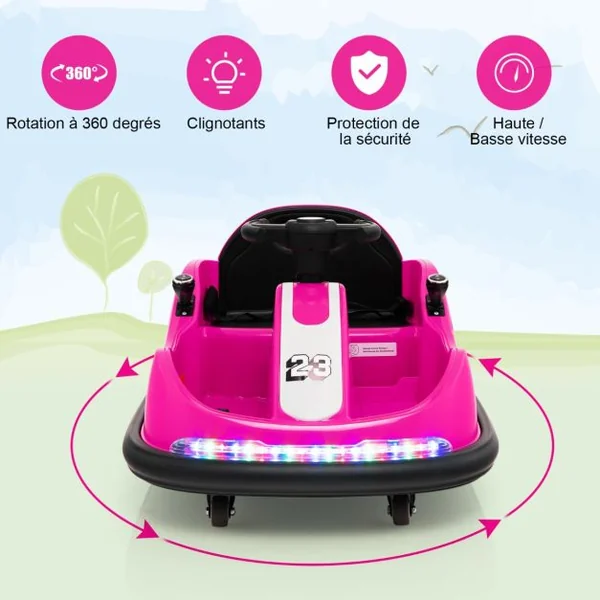 Auto Tamponneuse Électrique 360°/6V pour Enfants Télécommande 2.4G Double Joystick Lumières LED pour 1,5-6 Ans Rose