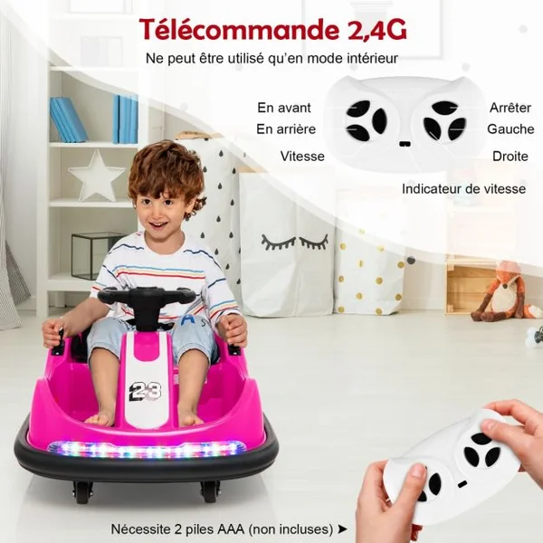 Auto Tamponneuse Électrique 360°/6V pour Enfants Télécommande 2.4G Double Joystick Lumières LED pour 1,5-6 Ans Rose