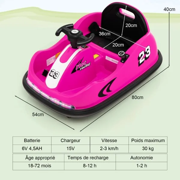 Auto Tamponneuse Électrique 360°/6V pour Enfants Télécommande 2.4G Double Joystick Lumières LED pour 1,5-6 Ans Rose